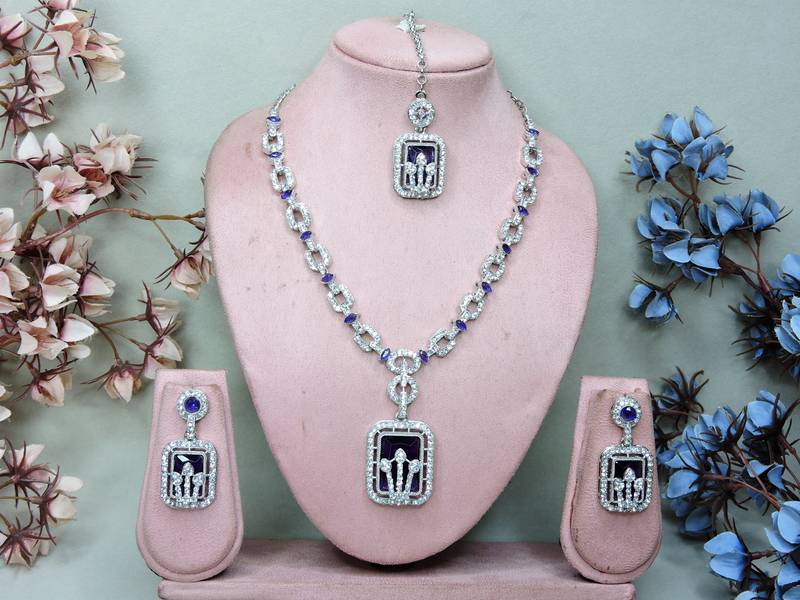 Blue rhodium premium designer american diamond and stone work necklace set