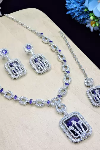 Blue rhodium premium designer american diamond and stone work necklace set