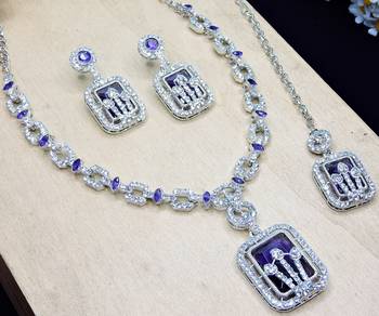 Blue rhodium premium designer american diamond and stone work necklace set 3