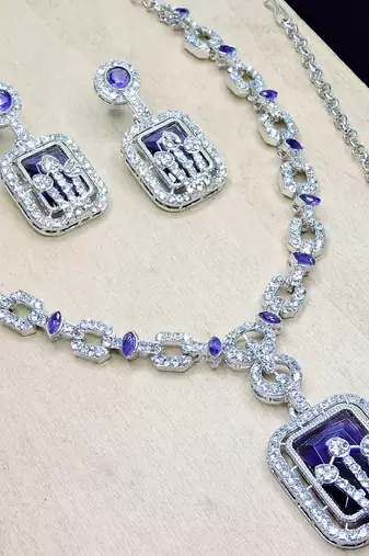 Blue rhodium premium designer american diamond and stone work necklace set