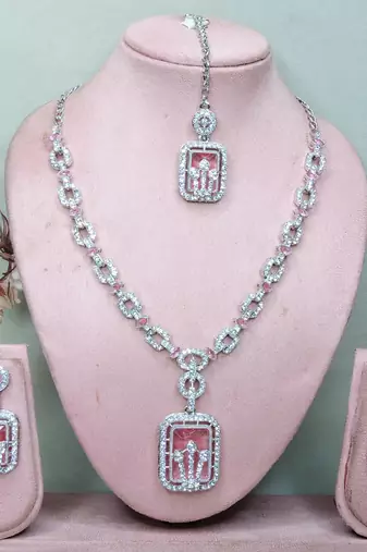 Pink rhodium premium designer american diamond and stone work necklace set