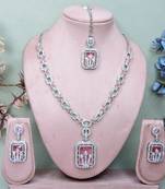 Pink rhodium premium designer american diamond and stone work necklace set