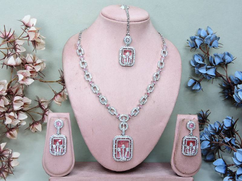 Pink rhodium premium designer american diamond and stone work necklace set