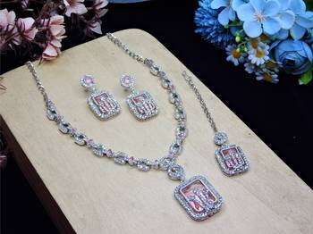 Pink rhodium premium designer american diamond and stone work necklace set 2