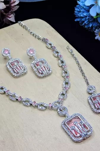 Pink rhodium premium designer american diamond and stone work necklace set