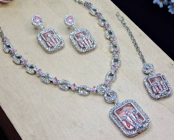 Pink rhodium premium designer american diamond and stone work necklace set 3