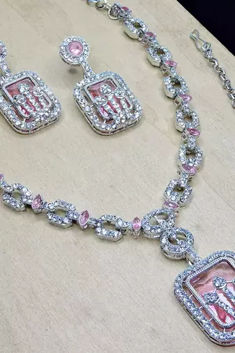 Pink rhodium premium designer american diamond and stone work necklace set
