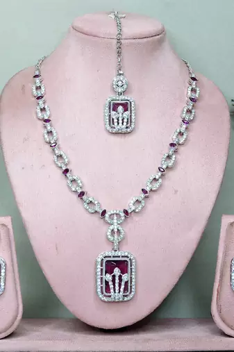 Purple rhodium premium designer american diamond and stone work necklace set
