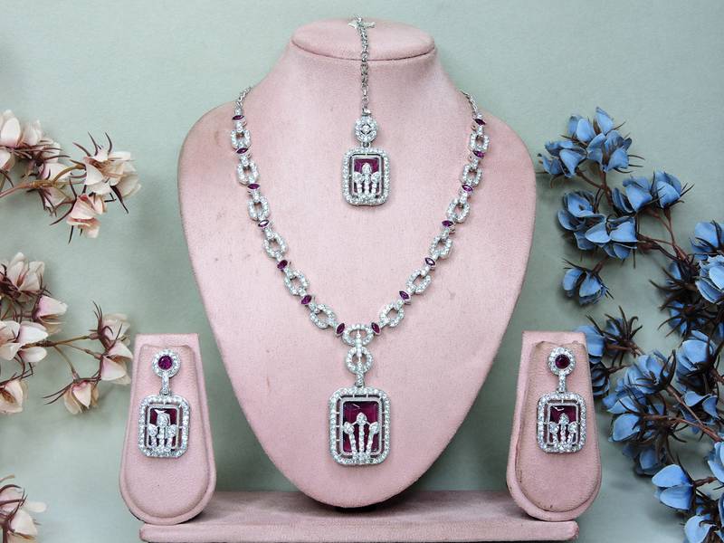 Purple rhodium premium designer american diamond and stone work necklace set