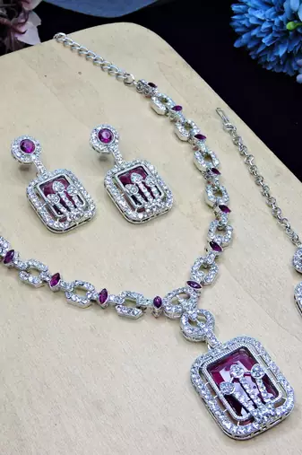 Purple rhodium premium designer american diamond and stone work necklace set