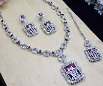 Purple rhodium premium designer american diamond and stone work necklace set 3