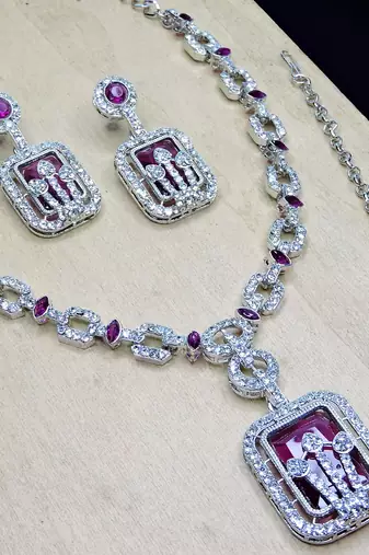 Purple rhodium premium designer american diamond and stone work necklace set