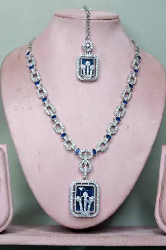Blue rhodium premium designer american diamond and stone work necklace set