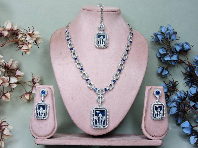 Blue rhodium premium designer american diamond and stone work necklace set