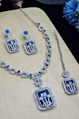 Blue rhodium premium designer american diamond and stone work necklace set