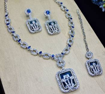 Blue rhodium premium designer american diamond and stone work necklace set 3