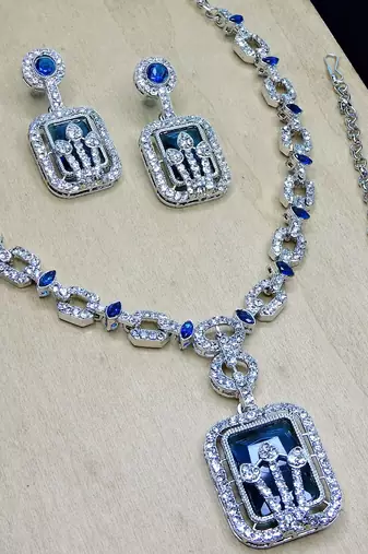 Blue rhodium premium designer american diamond and stone work necklace set