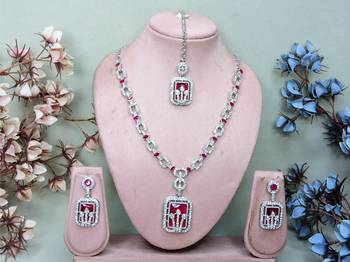 Pink rhodium premium designer american diamond and stone work necklace set 1