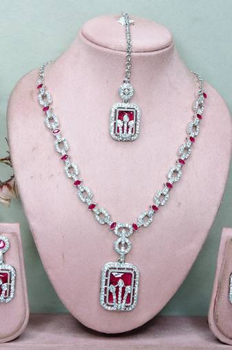 Pink rhodium premium designer american diamond and stone work necklace set