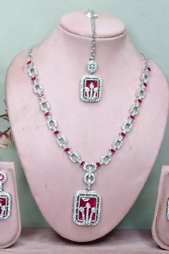 Pink rhodium premium designer american diamond and stone work necklace set