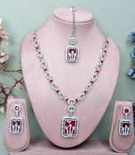 Pink rhodium premium designer american diamond and stone work necklace set
