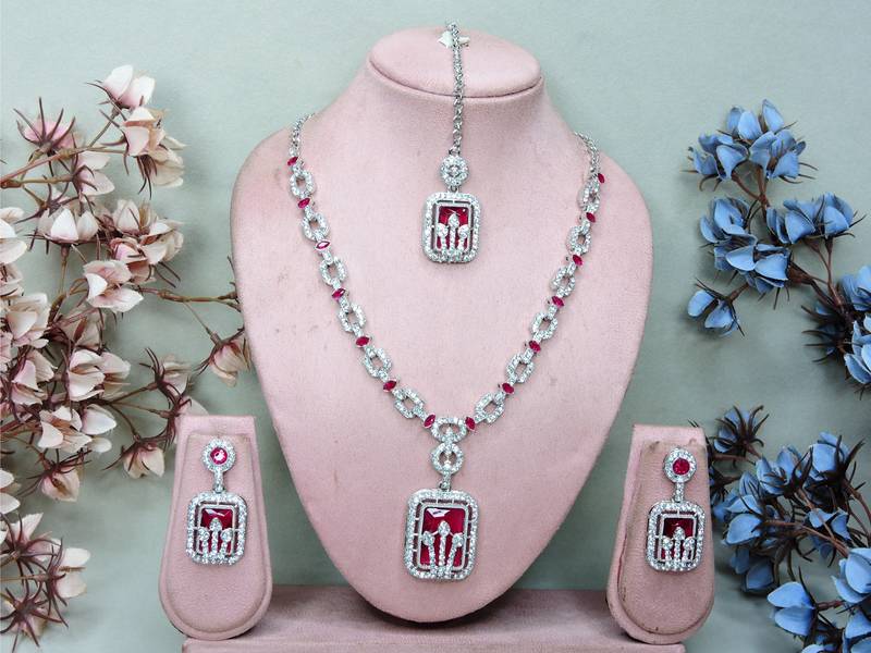 Pink rhodium premium designer american diamond and stone work necklace set