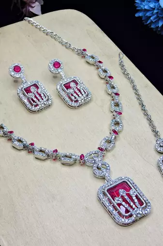 Pink rhodium premium designer american diamond and stone work necklace set