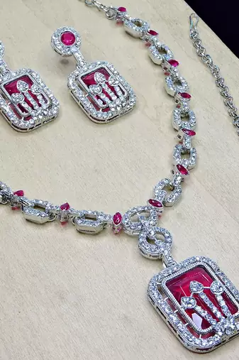 Pink rhodium premium designer american diamond and stone work necklace set