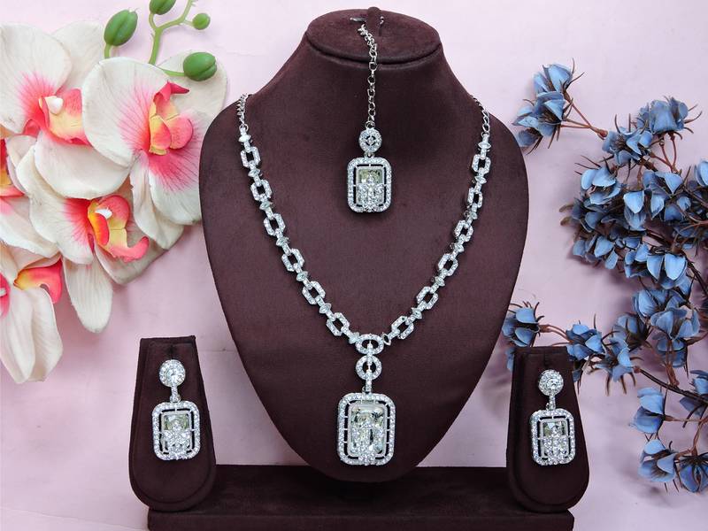 White rhodium premium designer american diamond and stone work necklace set