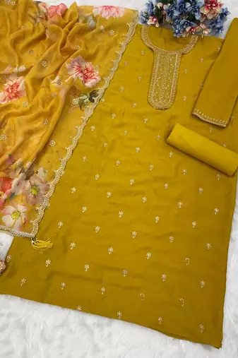 Yellow silk embroidered viscose thread jari work salwar suit