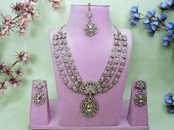 Gold yellow gold premium designer american diamond and stone work necklace set 1