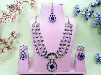 Blue yellow gold premium designer american diamond and stone work necklace set 1