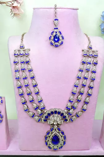 Blue yellow gold premium designer american diamond and stone work necklace set