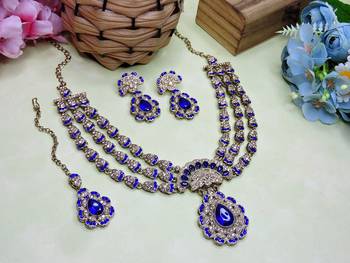 Blue yellow gold premium designer american diamond and stone work necklace set 2