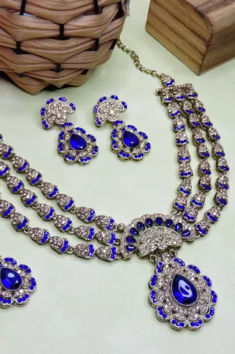 Blue yellow gold premium designer american diamond and stone work necklace set