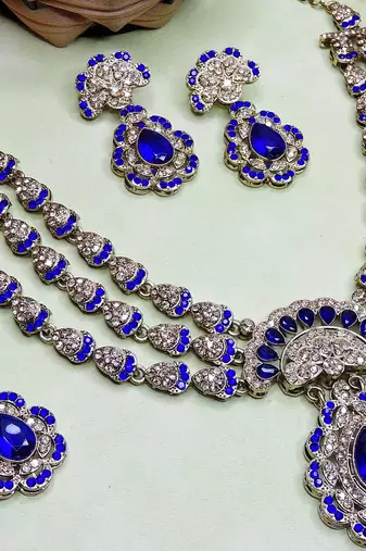Blue yellow gold premium designer american diamond and stone work necklace set