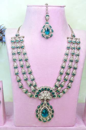 Green yellow gold premium designer american diamond and stone work necklace set