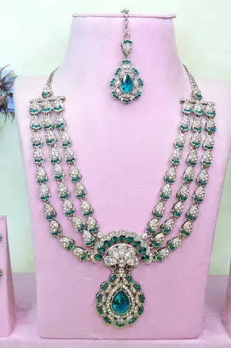 Green yellow gold premium designer american diamond and stone work necklace set