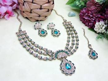 Green yellow gold premium designer american diamond and stone work necklace set 2