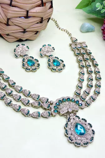 Green yellow gold premium designer american diamond and stone work necklace set