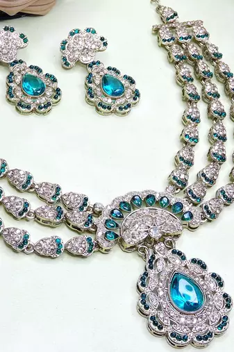 Green yellow gold premium designer american diamond and stone work necklace set