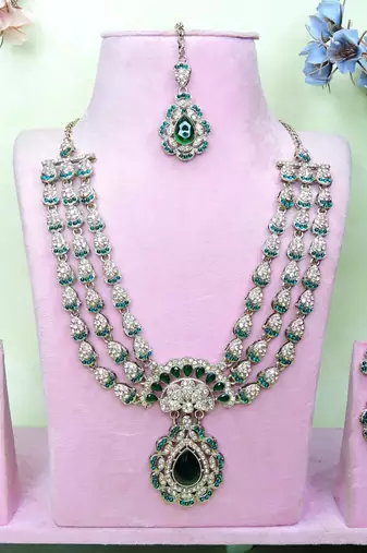 Green yellow gold premium designer american diamond and stone work necklace set