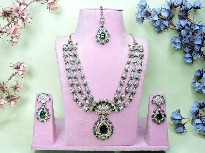 Green yellow gold premium designer american diamond and stone work necklace set