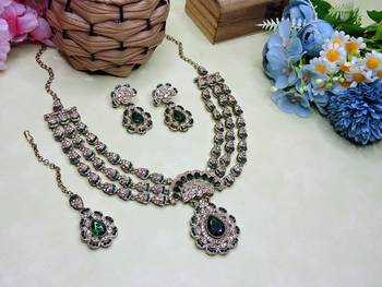 Green yellow gold premium designer american diamond and stone work necklace set 2