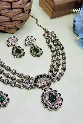 Green yellow gold premium designer american diamond and stone work necklace set