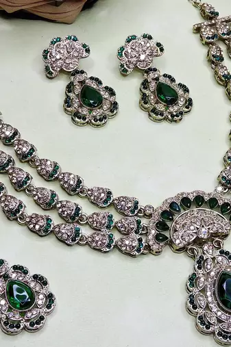 Green yellow gold premium designer american diamond and stone work necklace set