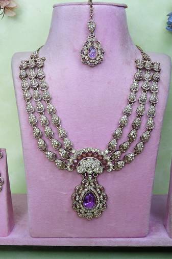 Purple yellow gold premium designer american diamond and stone work necklace set