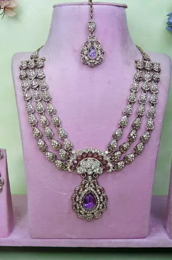 Purple yellow gold premium designer american diamond and stone work necklace set