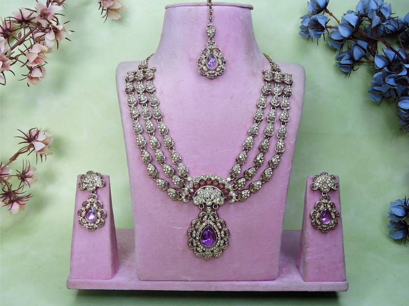 Purple yellow gold premium designer american diamond and stone work necklace set