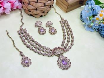 Purple yellow gold premium designer american diamond and stone work necklace set 2